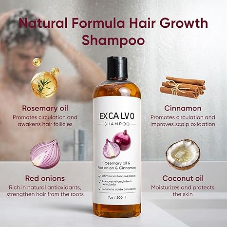 EXCALVO hair growth shampoo bottle with ingredients and benefits on a white background
